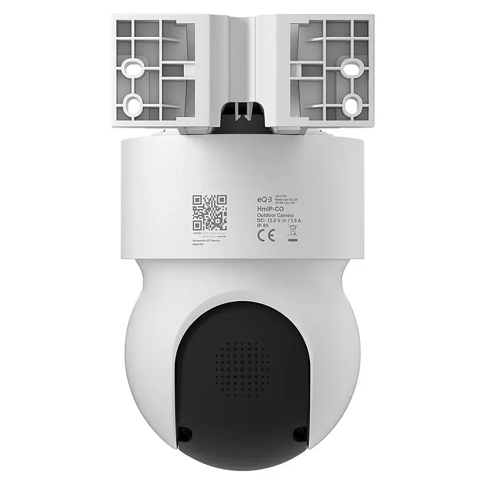 Homematic IP Außenkamera Smart Home HmIP-CO - Weiß - Weiße HmIP-CO Überwachungskamera mit Halterung, inklusive Produktetiketten und rückseitigem Lautsprechergitter.