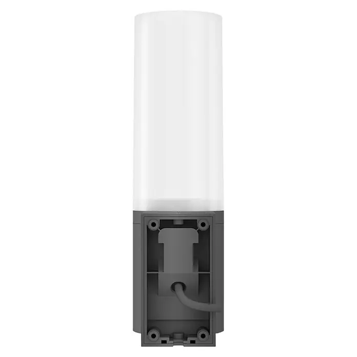 Homematic IP Außenkamera Außenlichtkamera Smart Home HmIP-COL - Anthrazit, Erfassungsreichweite: 120 m - Weißes zylindrisches Außenlicht mit sichtbarem grauem Montagesockel und Verkabelung.