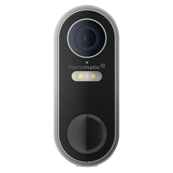 Homematic IP Außenkamera Akku Smart Home HmIP-COR - Weiß, Erfassungswinkel: 110 ° - Smarte Türklingel mit schwarzer Frontplatte, silbernem Rahmen, Kamera, beleuchteten Lichtern und großem Rundknopf.