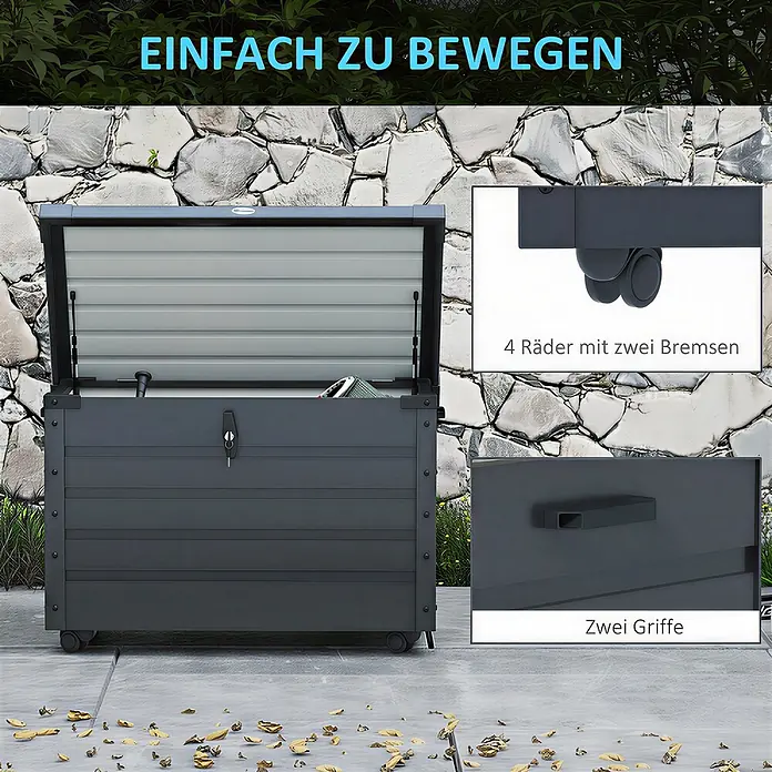 Outsunny Garten-Aufbewahrungsbox - Dunkelgrau, Stahl - Dunkelgraue Gartenbox mit offenem Deckel, ausgestattet mit Rollen und Griffen für einfache Mobilität.