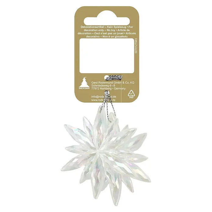 Geroma Christbaumschmuck Schneeflocke - Irisierend schimmernd, Acryl, 2 Stk. - Weißes, irisierendes Stern-Ornament an einem silbernen Faden, befestigt an einer Kartonverpackung.