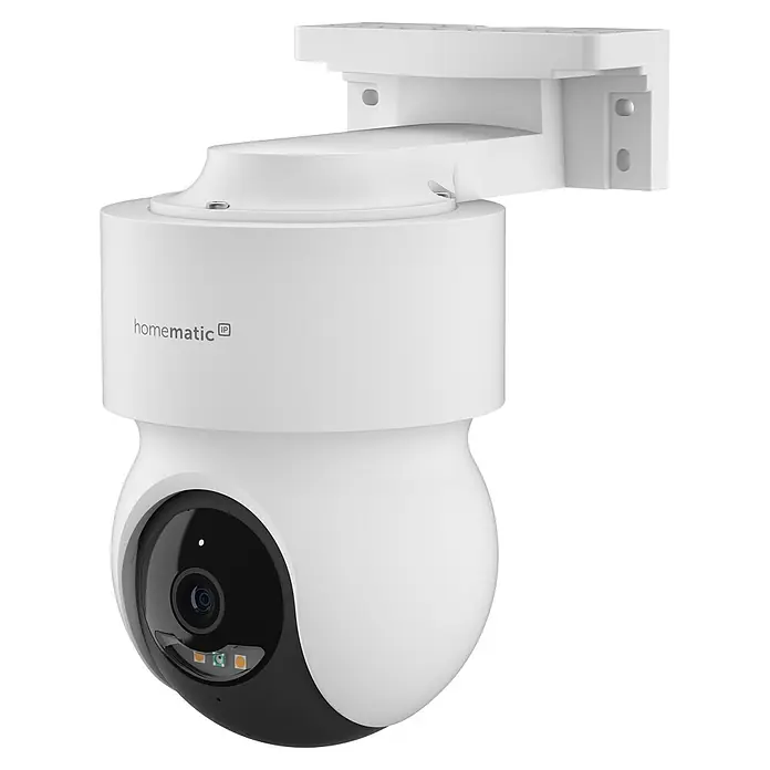 Homematic IP Außenkamera Smart Home HmIP-CO - Weiß - Weiße Homematic IP Überwachungskamera, kuppelförmig mit schwarzer Linse, an einer weißen Wandhalterung montiert.