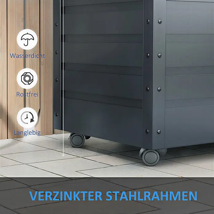 Outsunny Garten-Aufbewahrungsbox - Dunkelgrau, Stahl - Dunkelgraue Aufbewahrungsbox auf Rollen mit verzinktem Stahlrahmen, wasserdicht, rostfrei und langlebig.