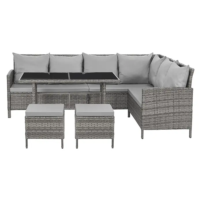 SVITA Loungemöbel-Set MADISON - 6 -tlg., Polyrattan, pulverbeschichteter Stahl, Variabel stellbar, Grau - Graue Rattan Gartenlounge-Gruppe mit Ecksofa, Tisch mit schwarzer Platte und zwei Hockern mit grauen Kissen.