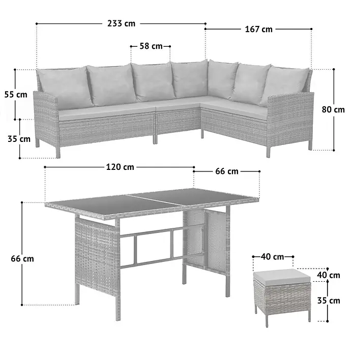 SVITA Loungemöbel-Set MADISON - 6 -tlg., Polyrattan, pulverbeschichteter Stahl, Variabel stellbar, Grau - Graue Rattan-Gartenmöbelgarnitur: L-Sofa, rechteckiger Tisch mit Glasplatte und Hocker, inklusive Kissen und Maßen.