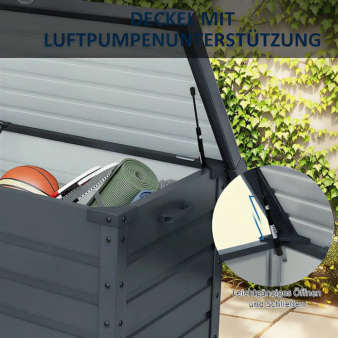 Outsunny Garten-Aufbewahrungsbox - Dunkelgrau, Stahl - Dunkelgraue Outdoor-Aufbewahrungsbox mit offenem Deckel und Gasdruckfedern für leichtes Öffnen, zeigt gelagerte Gegenstände.