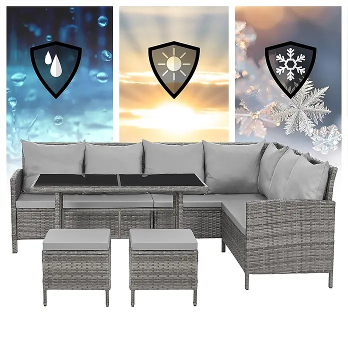 SVITA Loungemöbel-Set MADISON - 6 -tlg., Polyrattan, pulverbeschichteter Stahl, Variabel stellbar, Grau - Graues Rattan-Gartenmöbelset mit L-förmigem Sofa, Tisch und zwei Hockern, gezeigt mit Wetterbeständigkeitssymbolen für Wasser, Sonne und Kälte.
