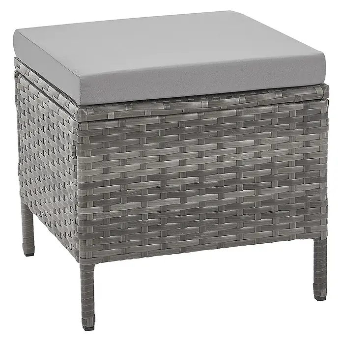 SVITA Loungemöbel-Set MADISON - 6 -tlg., Polyrattan, pulverbeschichteter Stahl, Variabel stellbar, Grau - Rechteckiger grauer Polyrattan-Gartenhocker mit grauem Polsterkissen.