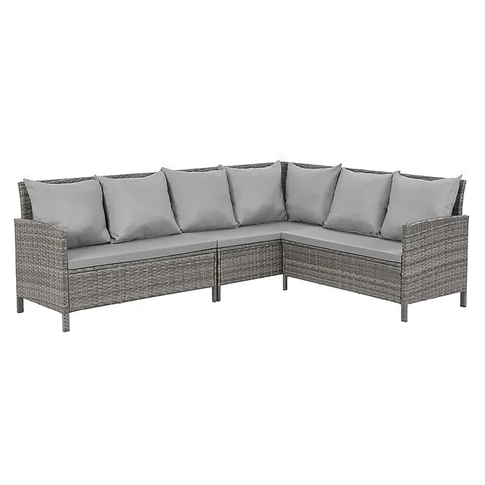 SVITA Loungemöbel-Set MADISON - 6 -tlg., Polyrattan, pulverbeschichteter Stahl, Variabel stellbar, Grau - Graues Rattan-L-förmiges Ecksofa mit hellgrauen Kissen für den Außenbereich.