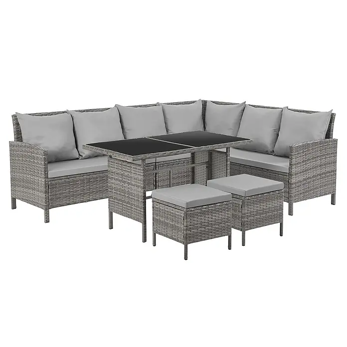 SVITA Loungemöbel-Set MADISON - 6 -tlg., Polyrattan, pulverbeschichteter Stahl, Variabel stellbar, Grau - Graues Rattan-Outdoor-Ecksofa-Set mit passendem Esstisch mit schwarzer Glasplatte und zwei Hockern mit grauen Kissen.