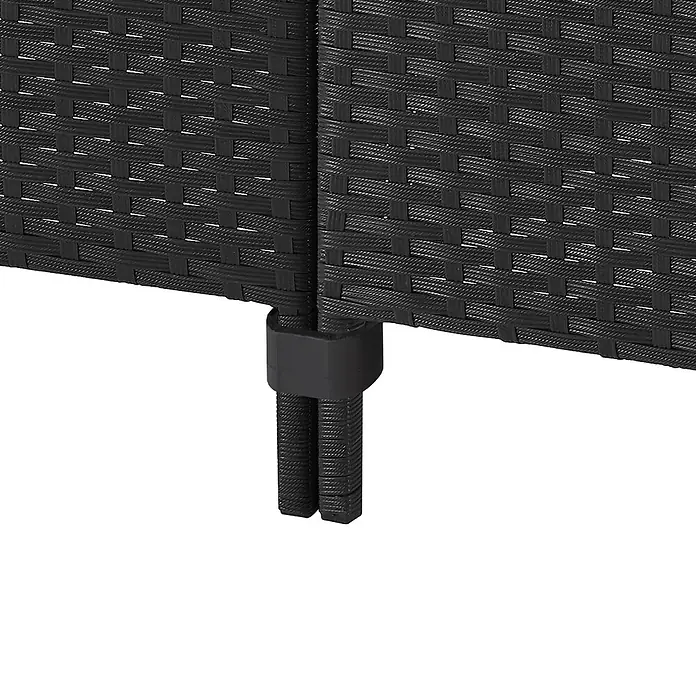 SVITA Loungemöbel-Set MADISON - 6 -tlg., Polyrattan, pulverbeschichteter Stahl, Variabel stellbar, Schwarz - Nahaufnahme einer schwarzen Kunststoff-Verbindungsklammer, die zwei schwarze Polyrattan-Gartenmöbelstücke verbindet.