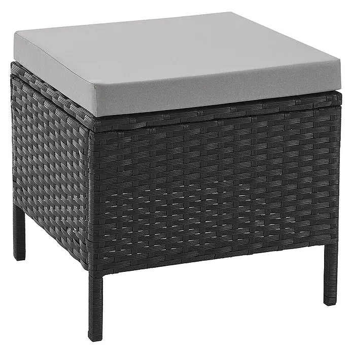 SVITA Loungemöbel-Set MADISON - 6 -tlg., Polyrattan, pulverbeschichteter Stahl, Variabel stellbar, Schwarz - Schwarzer Outdoor-Hocker aus Rattan mit hellgrauem Kissen.