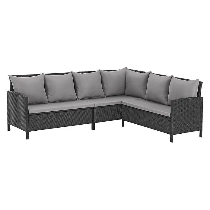 SVITA Loungemöbel-Set MADISON - 6 -tlg., Polyrattan, pulverbeschichteter Stahl, Variabel stellbar, Schwarz - Dunkelgraues Rattan L-förmiges Outdoor-Ecksofa mit hellgrauen Sitz- und Rückenkissen.