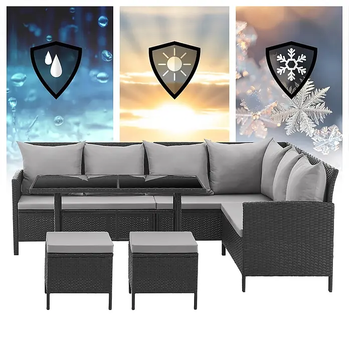 SVITA Loungemöbel-Set MADISON - 6 -tlg., Polyrattan, pulverbeschichteter Stahl, Variabel stellbar, Schwarz - Dunkle Rattan-Gartensitzgruppe mit hellgrauen Kissen, wetterfest gegen Wasser, Sonne und Kälte.