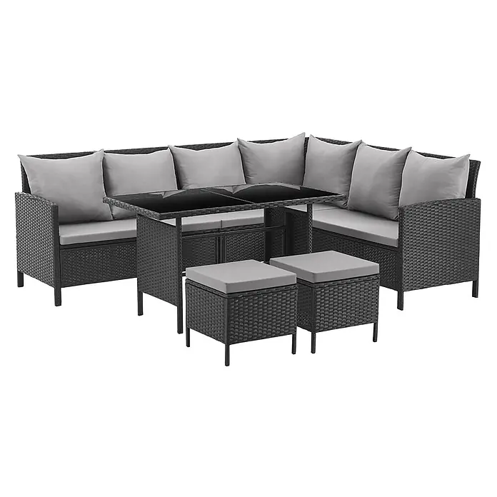 SVITA Loungemöbel-Set MADISON - 6 -tlg., Polyrattan, pulverbeschichteter Stahl, Variabel stellbar, Schwarz - Dunkelgraue Rattan-Ecksofa-Gruppe mit Tisch und zwei Hockern, alle mit hellgrauen Kissen.