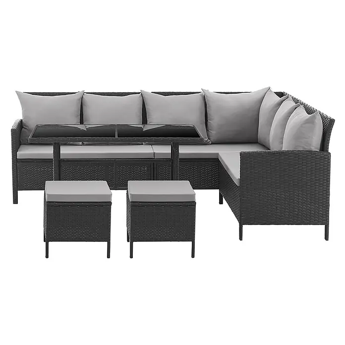 SVITA Loungemöbel-Set MADISON - 6 -tlg., Polyrattan, pulverbeschichteter Stahl, Variabel stellbar, Schwarz - Dunkelbraunes Rattan-Gartenlounge-Set mit hellgrauen Kissen, einem Couchtisch mit Glasplatte und zwei Hockern.