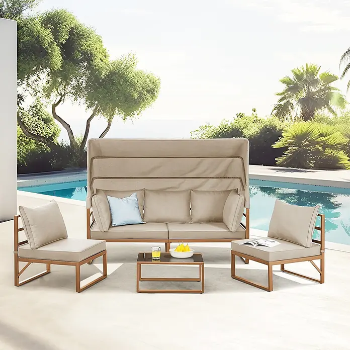 SVITA Loungemöbel-Set MAUI - 4 -tlg., Polyfaser, Spun-Polyester, Stahl, Beige - Beigefarbene Outdoor-Lounge-Gruppe mit Sonnendach-Sofa, zwei Sesseln und Couchtisch am Pool.