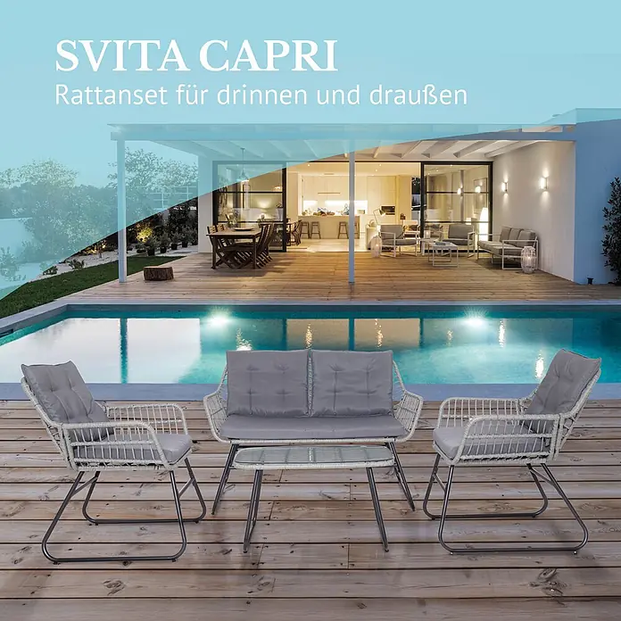 SVITA Loungemöbel-Set CAPRI - Polyrattan Kunststoffgeflecht, Sicherheitsglas, pulverbeschichteter Stahl, Sitz- und Rückenkissen abnehmbar, Grau - Graues Rattan-Loungeset für drinnen & draußen: 2 Sessel, Sofa, Beistelltisch auf Holzterrasse.
