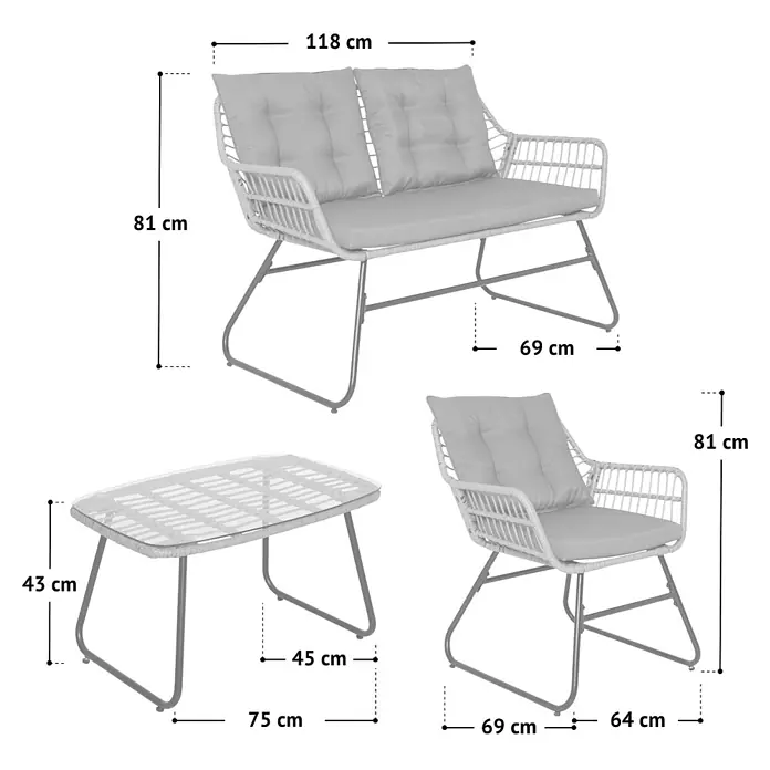 SVITA Loungemöbel-Set CAPRI - Polyrattan Kunststoffgeflecht, Sicherheitsglas, pulverbeschichteter Stahl, Sitz- und Rückenkissen abnehmbar, Grau - Hellesgraues Outdoor-Loungeset aus Polyrattan mit Zweisitzer-Sofa, Sessel und Couchtisch, grauen Kissen und Metallgestell.