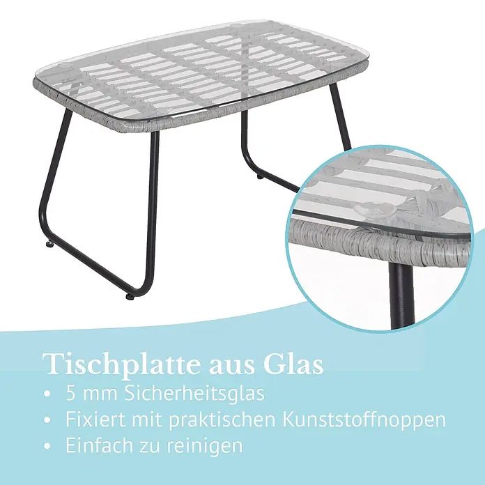 SVITA Loungemöbel-Set CAPRI - Polyrattan Kunststoffgeflecht, Sicherheitsglas, pulverbeschichteter Stahl, Sitz- und Rückenkissen abnehmbar, Grau - Rechteckiger Gartentisch mit grauem Polyrattan-Geflecht, schwarzen Beinen und 5 mm Sicherheitsglasplatte, fixiert mit Kunststoffnoppen.