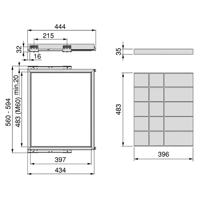 M.Pascual Organizador de armario - Ajuste de la anchura: 560 mm - 594 mm, Antracita, Extraíble - Dibujo técnico de un inserto de cocina modular con dimensiones para instalación y un sistema de almacenamiento de rejilla.