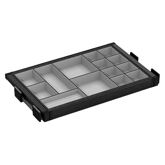 M.Pascual Organizador de armario - Ajuste de la anchura: 560 mm - 594 mm, Antracita, Extraíble - Organizador de cajón de joyas negro con múltiples compartimentos grises y sección para anillos.