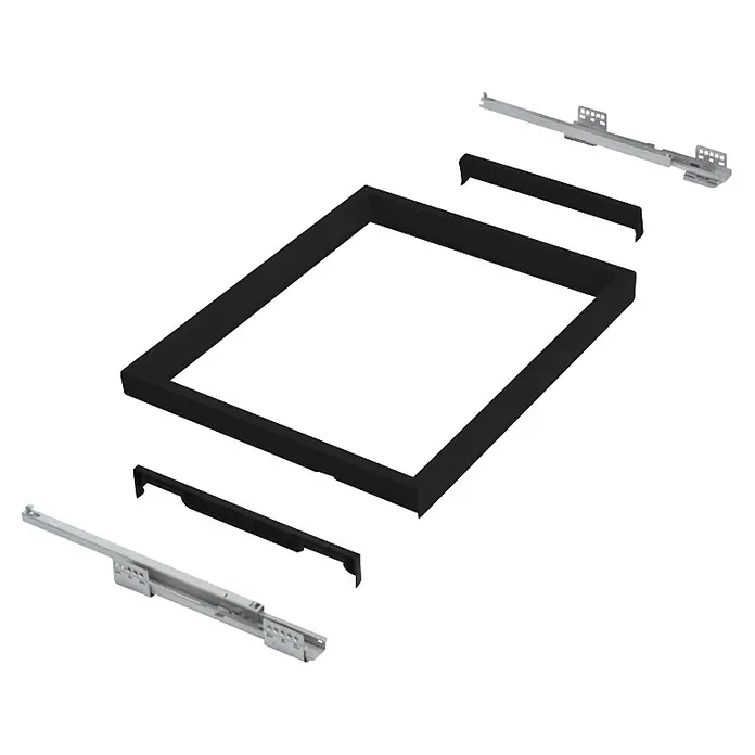 M.Pascual Organizador de armario - Ajuste de la anchura: 560 mm - 594 mm, Antracita, Extraíble - Vista explosionada de un sistema de cajón con un marco rectangular negro, dos piezas terminales negras y dos guías de cajón plateadas.