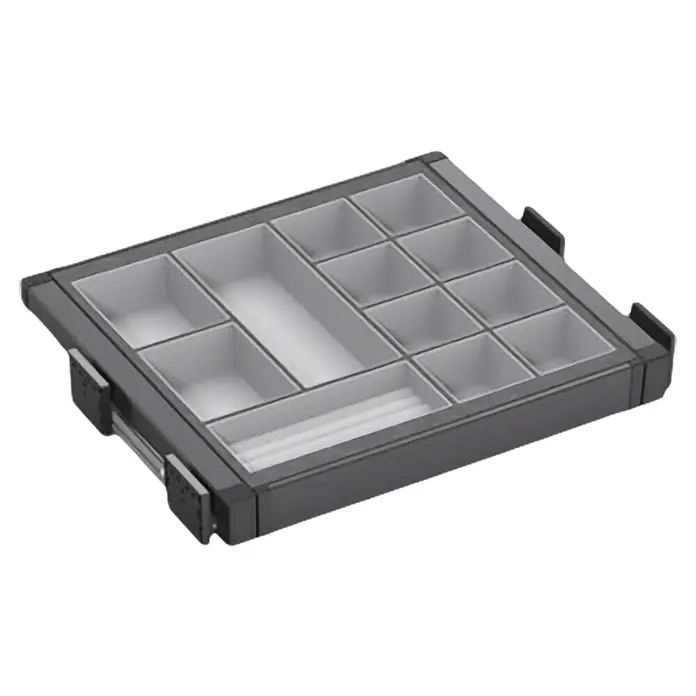 M.Pascual Organizador de armario - Ajuste de la anchura: 560 mm - 594 mm, Antracita, Extraíble - Bandeja organizadora gris oscuro con compartimentos gris claro de varios tamaños y soportes para anillos.