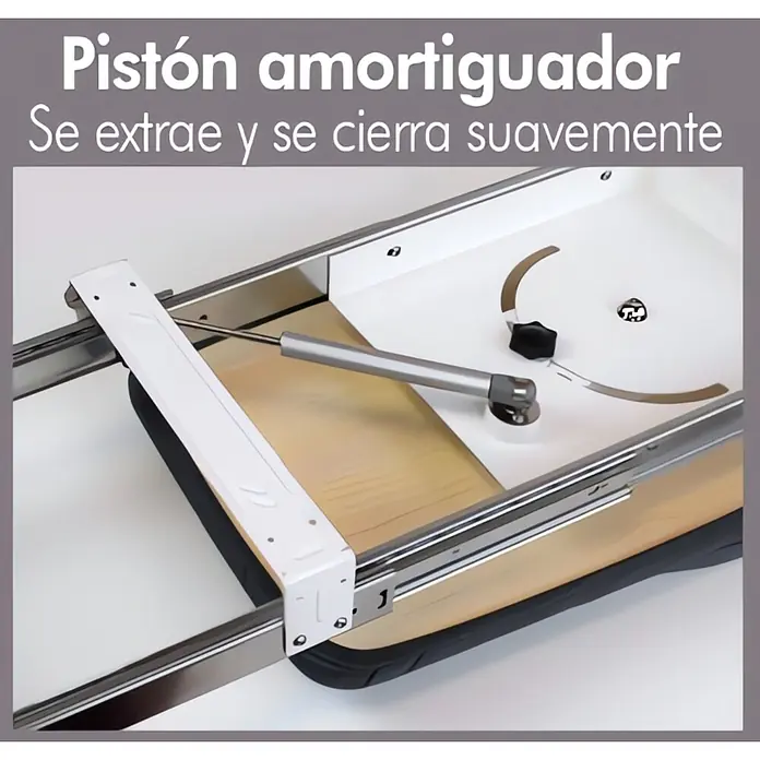 M.Pascual Tabla de planchar - 320 x 420 mm, Gris - Pistón amortiguador plateado con guías de cajón blancas y cromadas para extracción y cierre suaves.