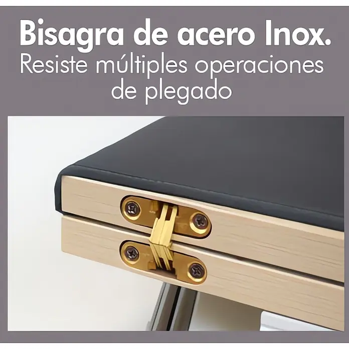 M.Pascual Tabla de planchar - 320 x 420 mm, Gris - Bisagra de acero inoxidable dorado uniendo dos secciones de madera de mueble tapizado negro, diseñada para múltiples plegados.