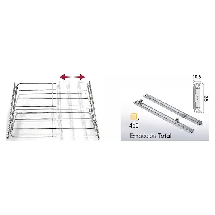 M.Pascual Zapatero extraíble - Ajuste de la anchura: 600 mm - 1.000 mm, Cromo - Estante de rejilla metálica plateada ajustable y dos guías de cajón de extracción total.