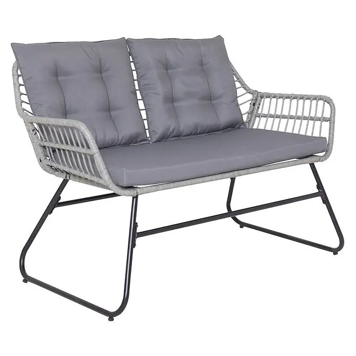 SVITA Loungemöbel-Set CAPRI - Polyrattan Kunststoffgeflecht, Sicherheitsglas, pulverbeschichteter Stahl, Sitz- und Rückenkissen abnehmbar, Grau - Graues Outdoor-Sofa mit geflochtenem Rattangeflecht, dunkelgrauen Kissen und schwarzen Metallbeinen.