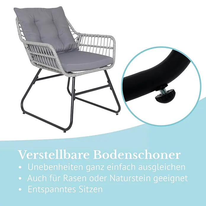 SVITA Loungemöbel-Set CAPRI - Polyrattan Kunststoffgeflecht, Sicherheitsglas, pulverbeschichteter Stahl, Sitz- und Rückenkissen abnehmbar, Grau - Grauer Outdoor-Sessel aus Polyrattan mit Kissen und schwarzen Metallbeinen. Verstellbare Bodenschoner gleichen Unebenheiten aus.