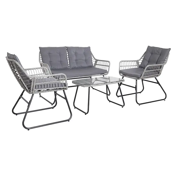 SVITA Loungemöbel-Set CAPRI - Polyrattan Kunststoffgeflecht, Sicherheitsglas, pulverbeschichteter Stahl, Sitz- und Rückenkissen abnehmbar, Grau - Graues Lounge-Set für den Außenbereich mit Zweisitzer-Sofa, zwei Sesseln und Glas-Couchtisch, alle mit schwarzen Metallrahmen und grauen Polstern.