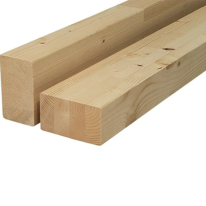 Leimbinder Si - Fichte, Max. Zuschnittsmaß: 6 m, Breite: 6 cm, Stärke: 12 cm - Zwei helle, unbehandelte Holzpfosten mit einer klaren Holzmaserung, ideal für Bauprojekte und Heimwerkerarbeiten.