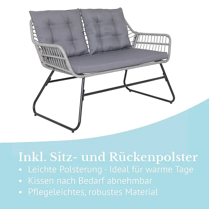 SVITA Loungemöbel-Set CAPRI - Polyrattan Kunststoffgeflecht, Sicherheitsglas, pulverbeschichteter Stahl, Sitz- und Rückenkissen abnehmbar, Grau - Graue Zweisitzer-Gartenbank mit geflochtener Rückenlehne, Armlehnen und dunkelgrauen Kissen auf schwarzem Metallgestell.