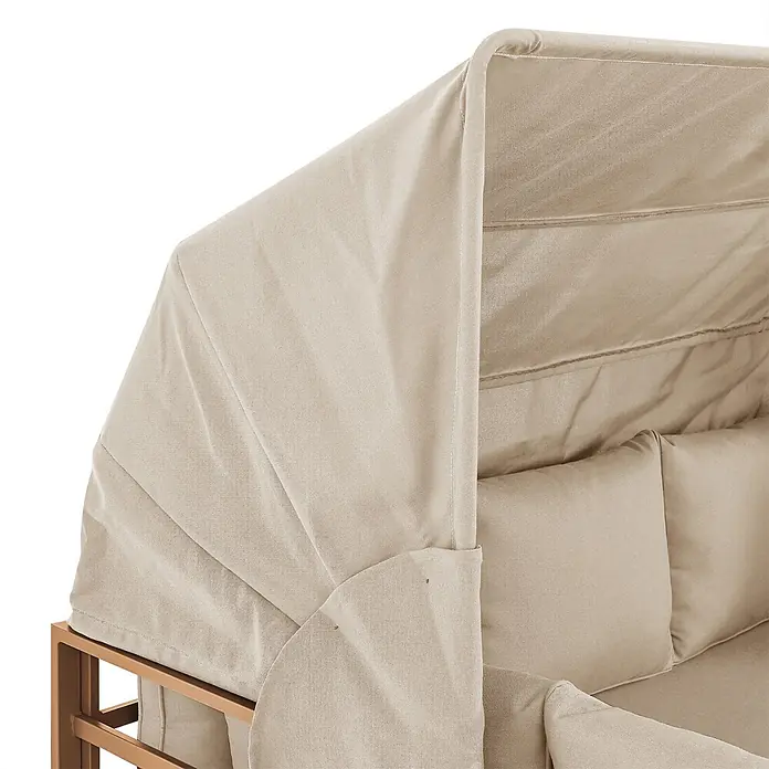 SVITA Loungemöbel-Set MAUI - 4 -tlg., Polyfaser, Spun-Polyester, Stahl, Beige - Helles beiges Stoff-Tagesbett mit Verdeck und Bronze-Gestell, zeigt weiche Kissen.