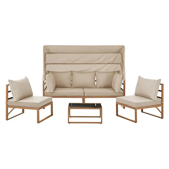 SVITA Loungemöbel-Set MAUI - 4 -tlg., Polyfaser, Spun-Polyester, Stahl, Beige - Beiges Outdoor-Lounge-Set: Sofa mit ausziehbarem Sonnendach, zwei Sessel, kleiner Couchtisch mit schwarzer Glasplatte auf Bronze-Gestellen.