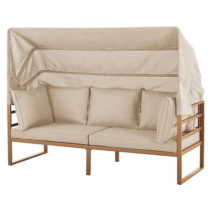 SVITA Loungemöbel-Set MAUI - 4 -tlg., Polyfaser, Spun-Polyester, Stahl, Beige - Beiges Outdoor-Tagesbett mit Baldachin und hellbraunem Metallrahmen, ausgestattet mit dicken Kissen und einem ausziehbaren Sonnenschutz.