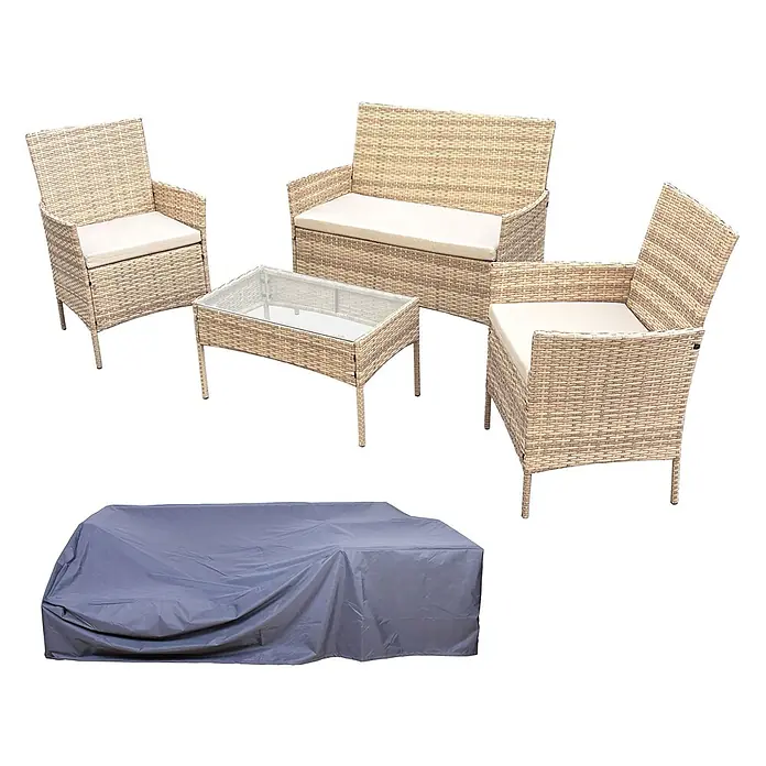 SVITA Loungemöbel-Set BROOKLYN - 4 -tlg., Stahl, Polyrattan, 180g Polyester, Beige - Helle beige Rattan-Gartenmöbelgarnitur: zwei Stühle, Zweiersofa, Glastisch mit Kissen und graue Schutzhülle.