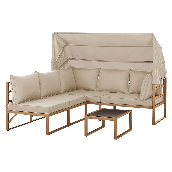 SVITA Loungemöbel-Set MAUI - 4 -tlg., Polyfaser, Spun-Polyester, Stahl, Beige - Beiges L-förmiges Outdoor-Sofa mit versenkbarem Sonnendach und goldbraunem Metallgestell, dazu ein passender Couchtisch.