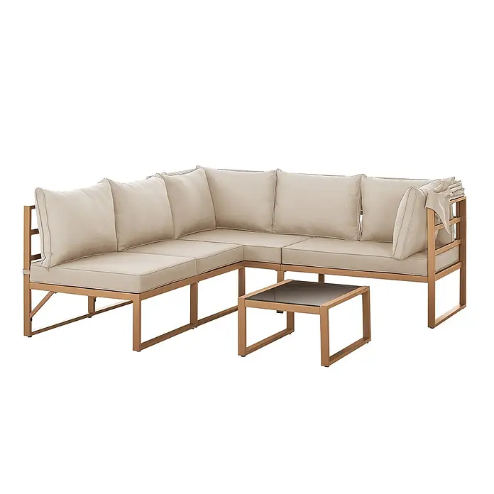SVITA Loungemöbel-Set MAUI - 4 -tlg., Polyfaser, Spun-Polyester, Stahl, Beige - Outdoor Ecksofa-Set mit goldfarbenem Metallrahmen, hellbeigen Kissen und passendem Couchtisch mit dunkler Glasplatte.
