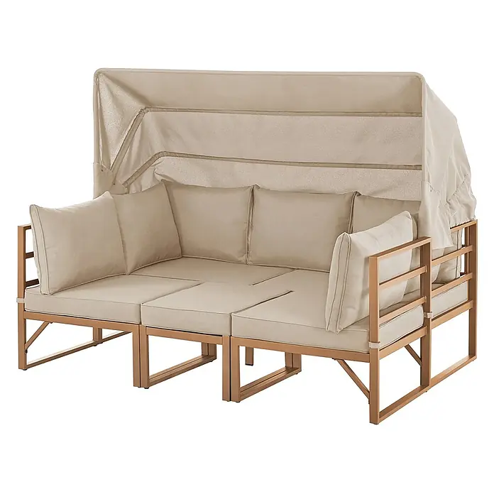 SVITA Loungemöbel-Set MAUI - 4 -tlg., Polyfaser, Spun-Polyester, Stahl, Beige - Beiges Outdoor-Tagesbett mit ausziehbarem Sonnendach, modularer Bauweise, hellbraunem Metallrahmen und dicken Kissen.