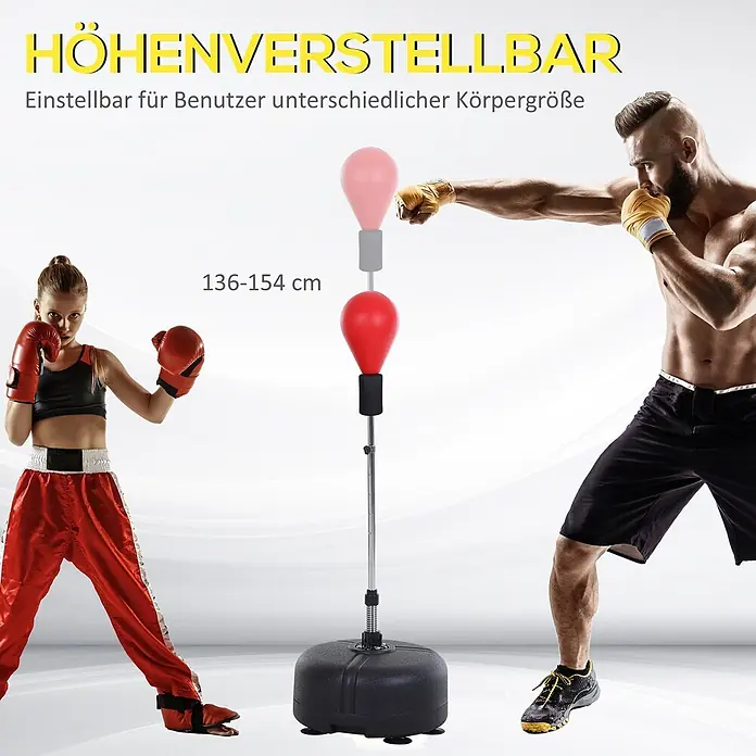 Homcom Boxsack - Ø x L: 48 x 48 cm, Schwarz, Rot - Höhenverstellbarer Boxsack mit roten und pinken Speedbällen, von einem Mann und einem Mädchen beim Boxen genutzt, Reichweite 136-154 cm.
