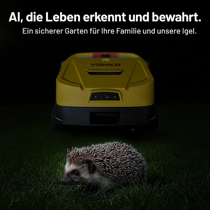 VONKO Mähroboter M200 - 1.500 m², Schnittbreite: 24 cm, Kamera-gestützte Navigation, RTK - Ein gelb-schwarzer VONKO Mähroboter über einem Igel auf Gras, der seine Sicherheitsfunktionen für Wildtiere betont.