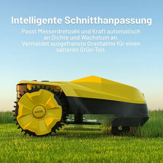 VONKO Mähroboter M200 - 1.500 m², Schnittbreite: 24 cm, Kamera-gestützte Navigation, RTK - Gelber und schwarzer Mähroboter mit "M200" auf dem Rad, der grünes Gras unter klarem Himmel mäht.