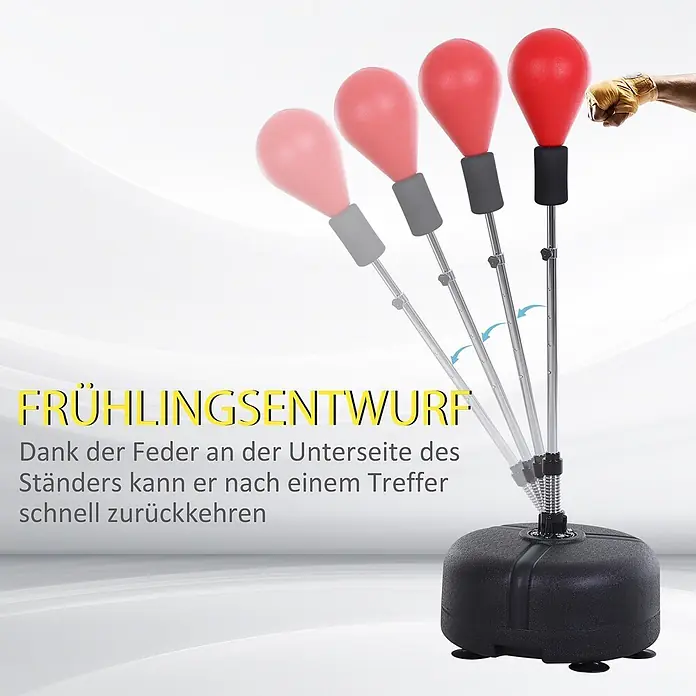 Homcom Boxsack - Ø x L: 48 x 48 cm, Schwarz, Rot - Roter, höhenverstellbarer Boxsack mit Federbasis für schnellen Rückprall, von einer behandschuhten Hand geschlagen.