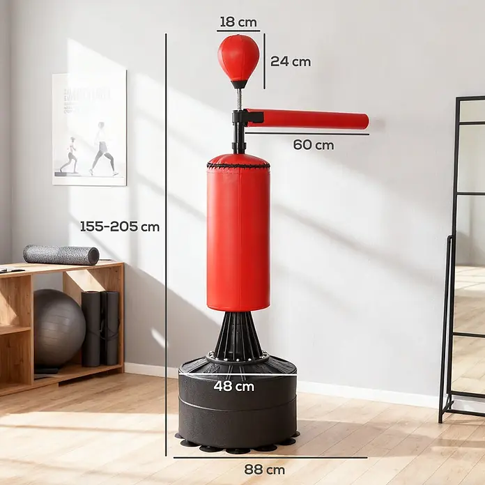 Homcom Boxsack - Ø x L: 48 x 88 cm, Schwarz, Rot - Roter und schwarzer verstellbarer Boxstand mit Speedball, Reflexstange und stabilem Sockel. Höhe 155-205 cm, Basis 88 cm.
