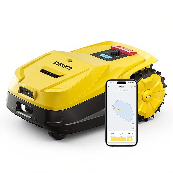VONKO Mähroboter M200 - 1.500 m², Schnittbreite: 24 cm, Kamera-gestützte Navigation, RTK - Gelber VONKO M200 Mähroboter mit schwarzem Unterteil und großen Rädern, gezeigt mit seiner Smartphone-App.