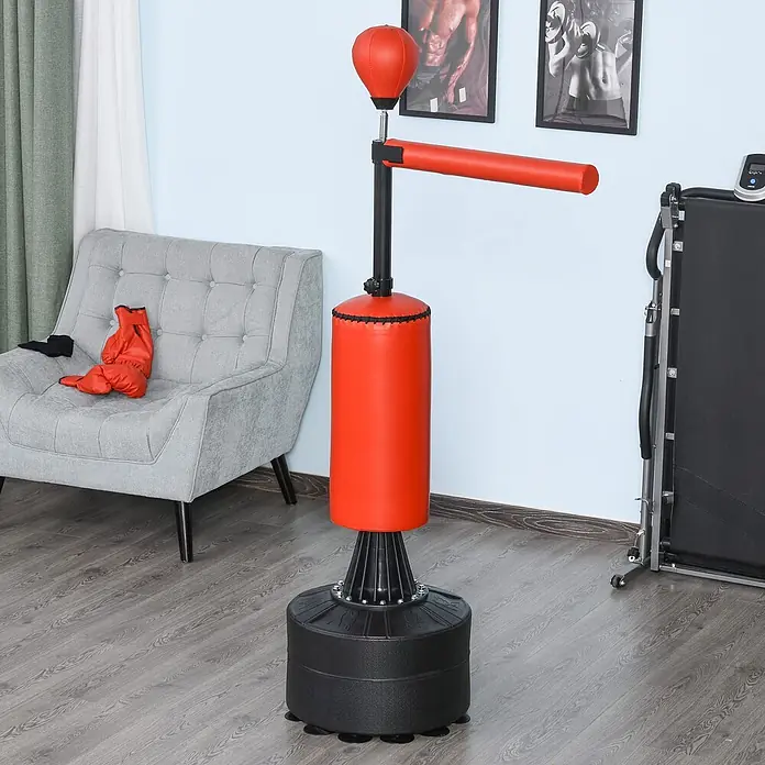 Homcom Boxsack - Ø x L: 48 x 88 cm, Schwarz, Rot - Roter und schwarzer freistehender Boxreflexsack mit Speedball, Spinning-Stange und Boxsack, für Heimtraining.